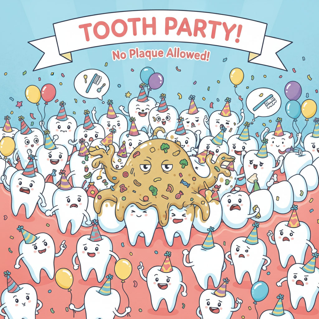 An illustration showing a tooth party with plaque depicted as a sticky, unwelcome guest clinging to teeth, representing the buildup of soft, sticky plaque with bacteria and leftover food.