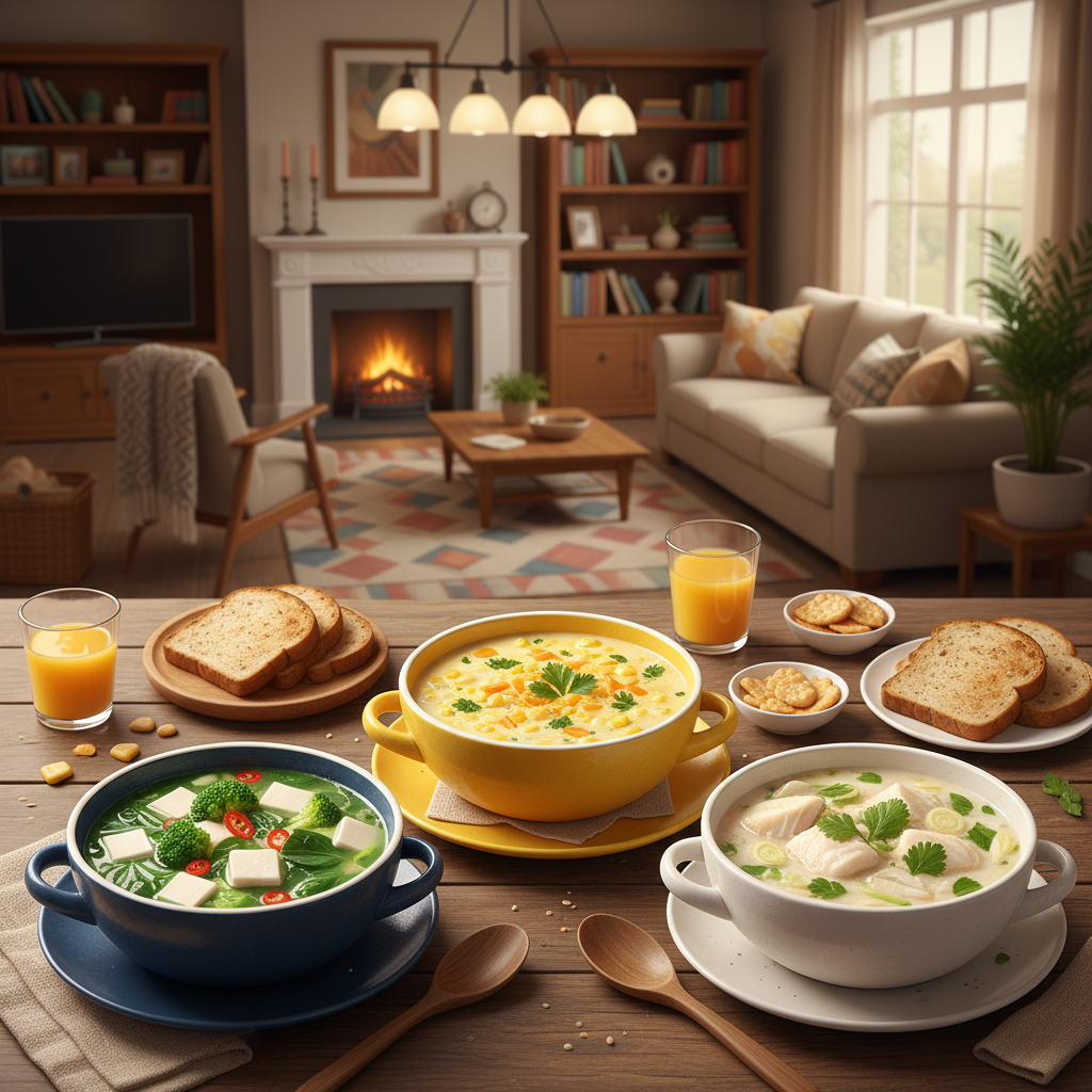Ilustrasi suasana hangat di meja makan dengan mangkuk sup berwarna-warni seperti sup tahu sayuran hijau segar, sup jagung keju kuning krem, dan sup ikan dori bertekstur lembut, di tengah latar belakang ruangan keluarga yang nyaman dan ceria, tanpa menampilkan orang secara eksplisit.