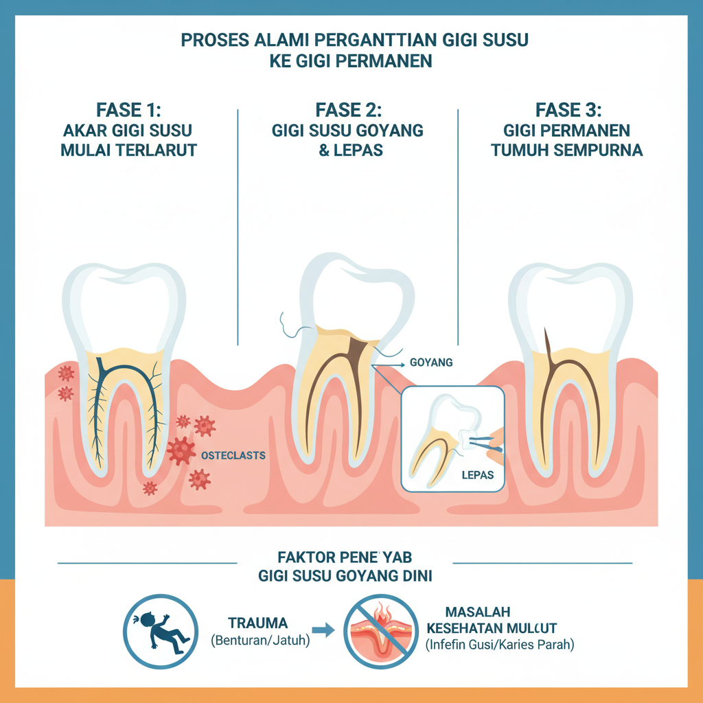 Diagram atau ilustrasi sederhana yang menjelaskan proses alami pergantian gigi susu ke gigi permanen serta faktor penyebab gigi susu goyang seperti trauma dan masalah kesehatan mulut.