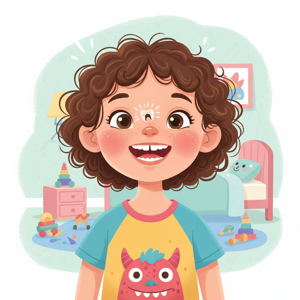 Ilustrasi seorang anak dengan gigi susu goyang, menampilkan ekspresi wajah ceria dan tanda gigi goyang yang jelas.