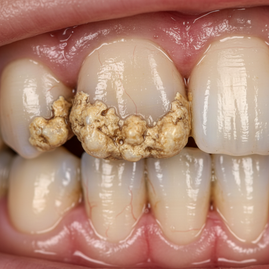 A close-up image showing tartar as hardened, yellow-brown deposits firmly attached to the gumline around teeth, illustrating the tough, rough texture and difficulty of removal without a dentist.