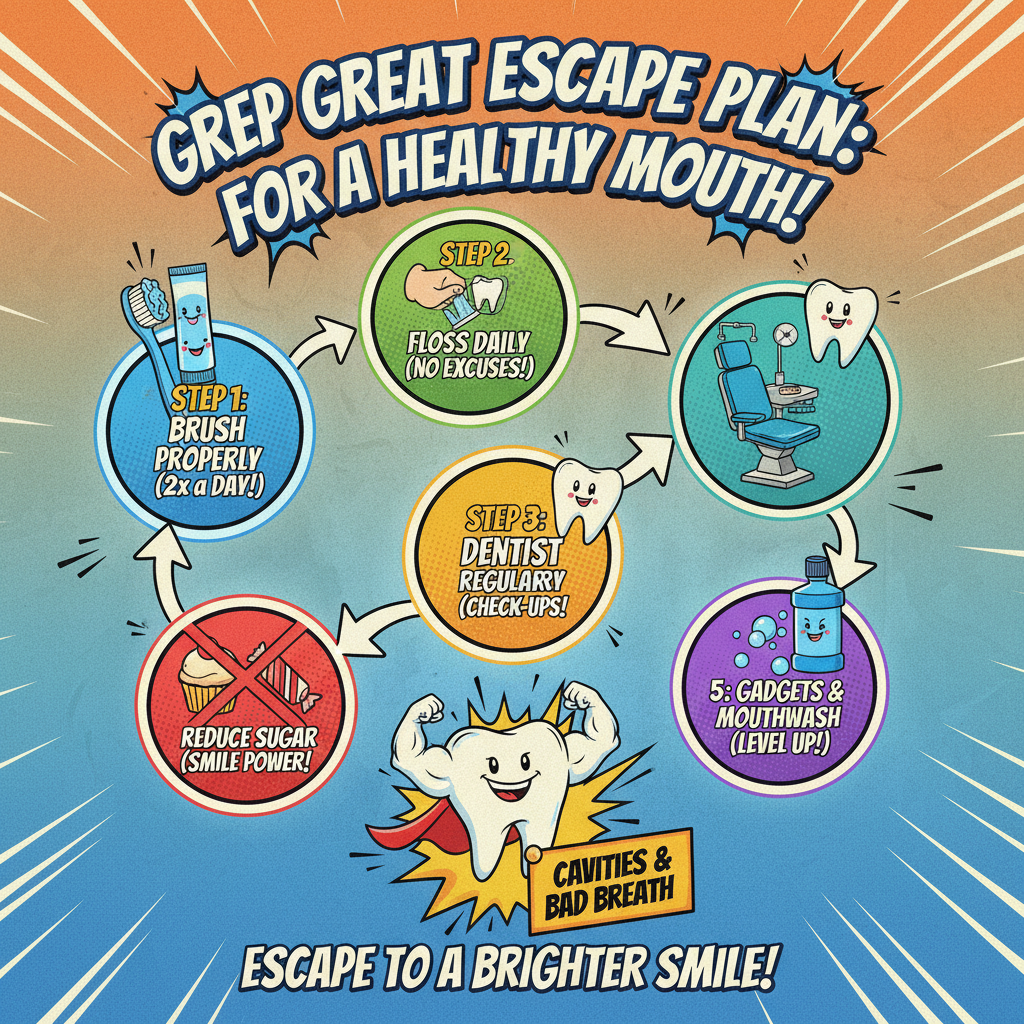 A dynamic, motivational infographic illustrating the Great Escape Plan with five steps: brushing teeth properly, flossing daily, visiting the dentist regularly, reducing sugary snacks, and using dental gadgets like water flossers and mouthwash.