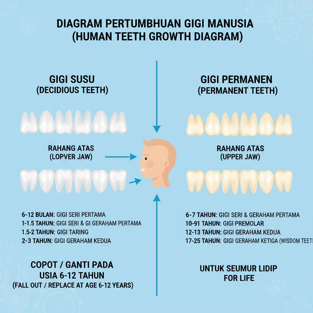 Diagram pertumbuhan gigi dari bayi sampai dewasa, menampilkan masa tumbuh gigi susu dan gigi permanen dengan penjelasan umur pakai masing-masing.