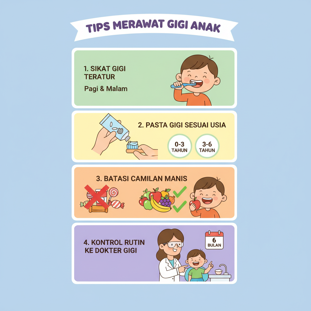 Ilustrasi tips merawat gigi anak dengan tindakan membersihkan gigi, menggunakan pasta gigi sesuai usia, batasi konsumsi camilan manis, dan kontrol rutin ke dokter gigi.