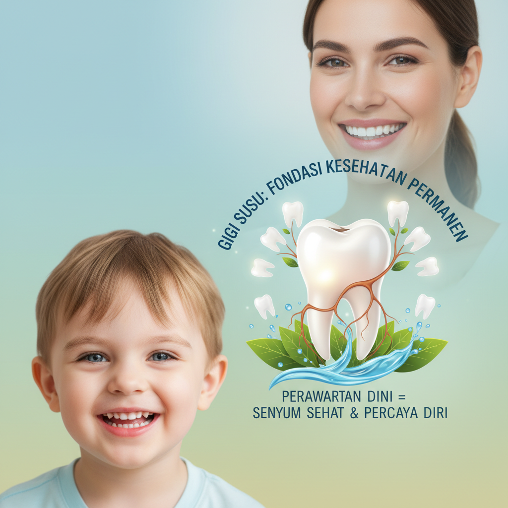 Gambar yang menggambarkan kesimpulan penting tentang peran gigi susu sebagai fondasi kesehatan gigi permanen serta manfaat perawatan gigi bagi senyum sehat dan percaya diri.