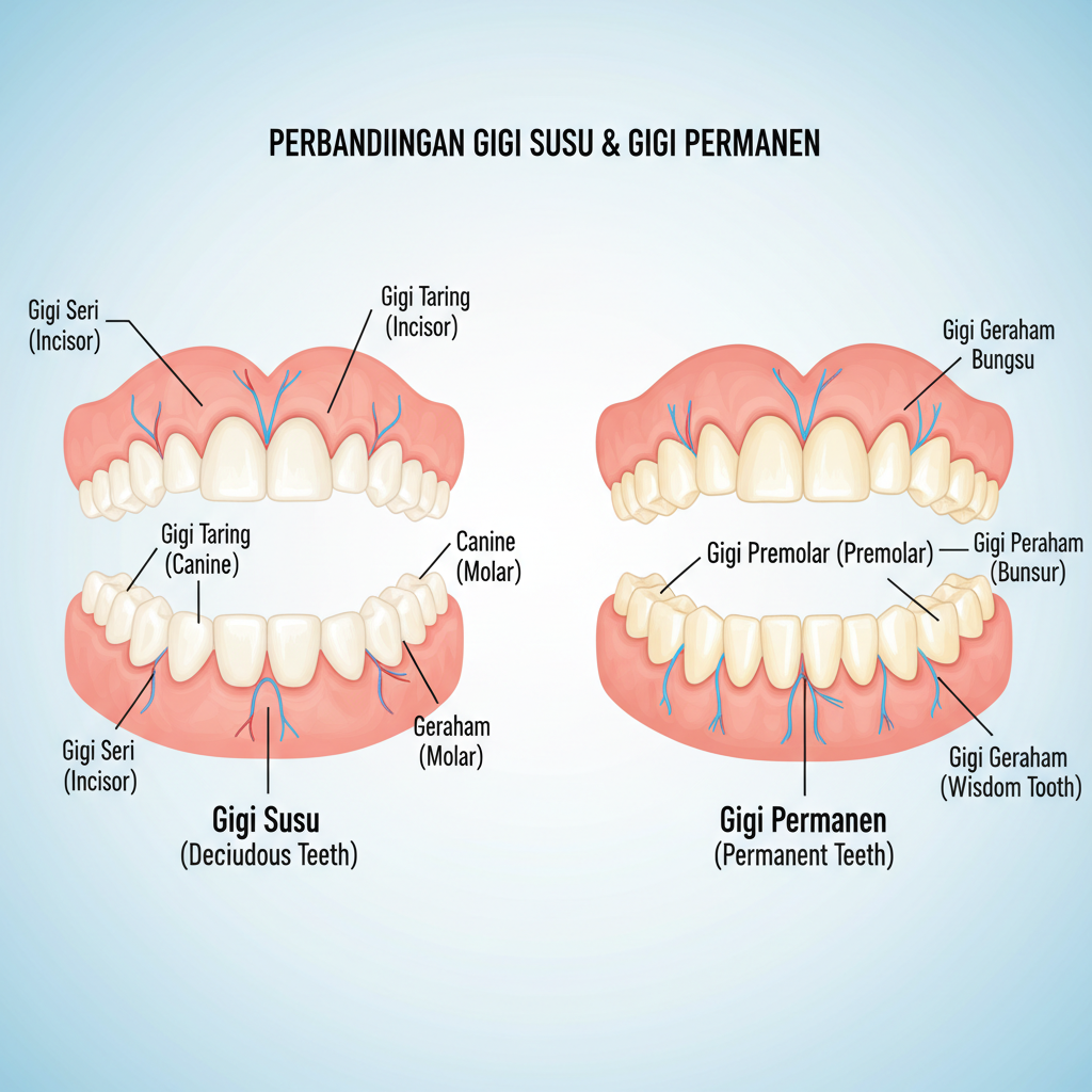 Ilustrasi perbandingan antara gigi susu dengan gigi permanen yang menunjukkan jumlah, bentuk, dan warna kedua jenis gigi tersebut secara visual.