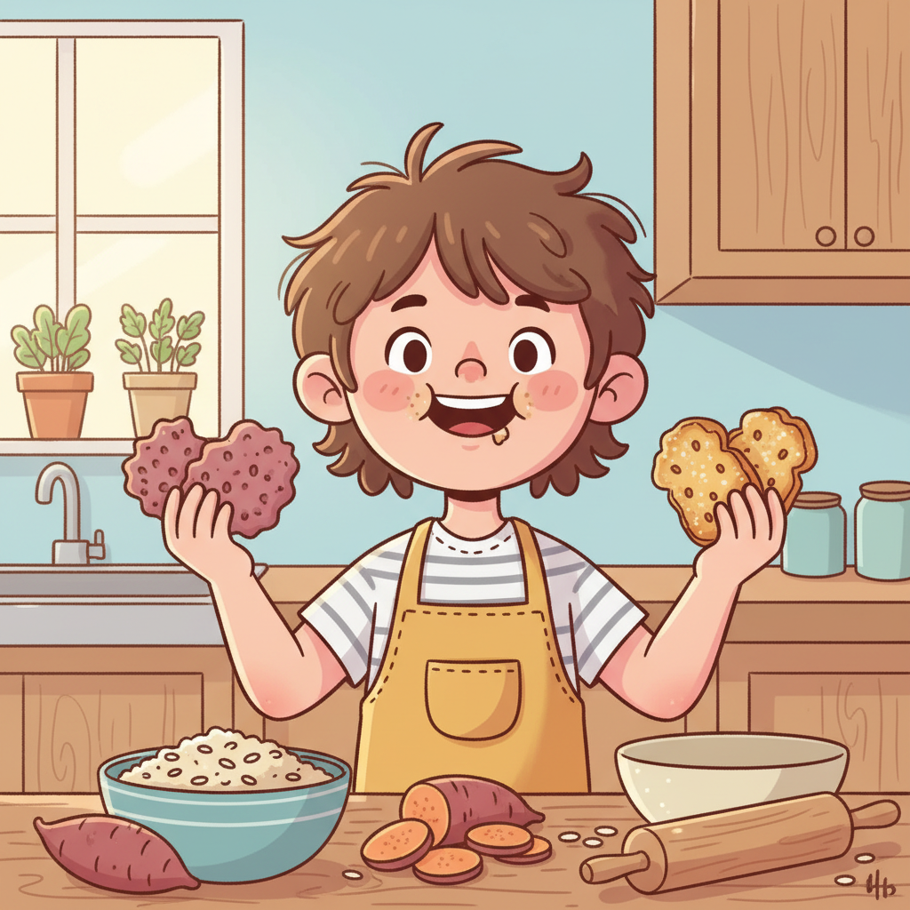 Ilustrasi kartun ceria sebuah piring berisi berbagai makanan lembut berwarna pastel seperti puree alpukat, yogurt, dan keju, dikelilingi oleh karakter kartun gusi anak yang rileks dan bahagia, dengan latar belakang dapur keluarga yang hangat dan ramah.