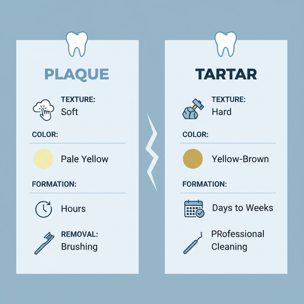 A graphic comparing plaque and tartar side-by-side with key differences highlighted: texture (soft vs. hard), color (pale yellow vs. yellow-brown), speed of formation (hours vs. days to weeks), and removal methods (brushing vs. professional cleaning).
